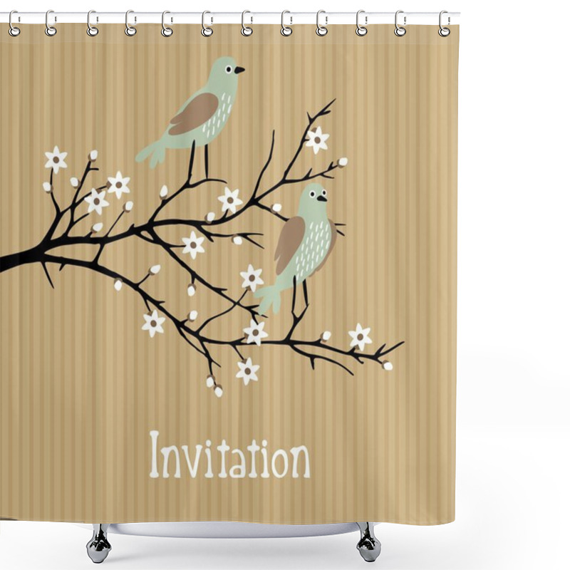 Personality  Beautiful Spring Vector Background With Birds On Cherry Blossom Branch, Birthday, Wedding Card, Invitation Shower Curtains