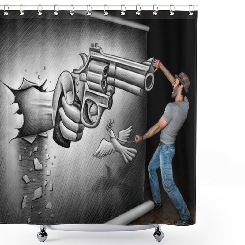 Personality  Man Standing, Shouting And Lifting Arm Against Giant Gun Drawing Shower Curtains