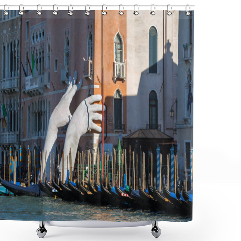 Personality  Venice, Italy - March 22, 2018: Giant Hands Rise From The Water Of Grand Canal To Support The Building In Venice. This Powerful Report On Climate Change From The Artist Lorenzo Quinn. Venice Landmarks. Shower Curtains