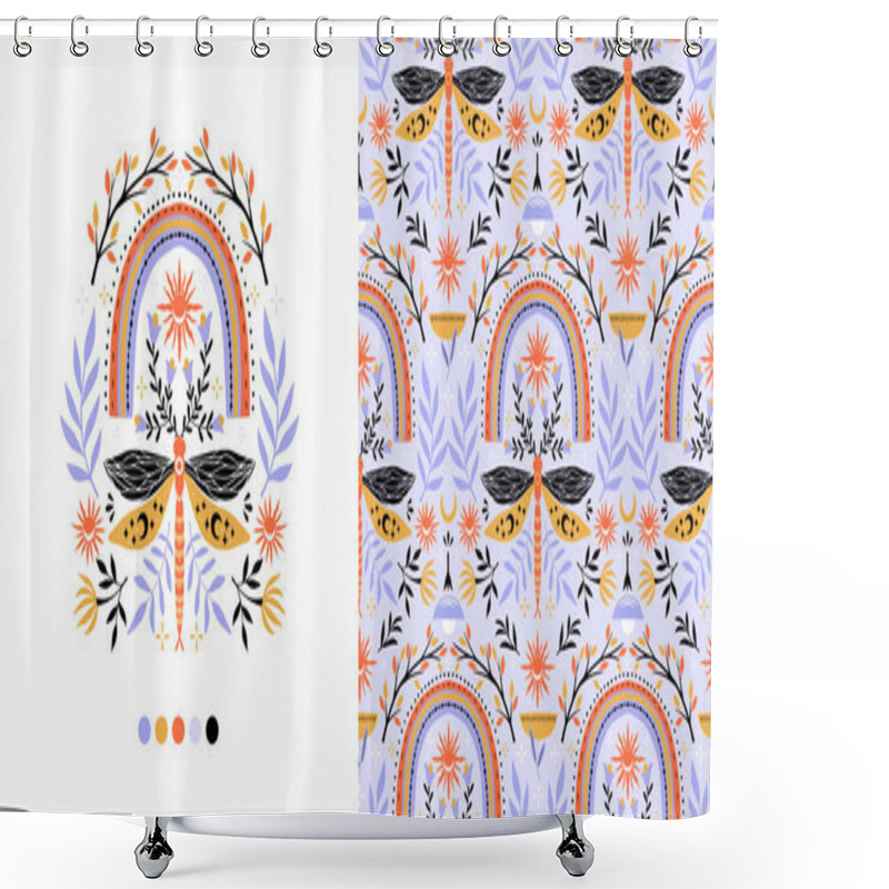 Personality  Vector Summer Illustration And Pattern With Dragonfly, Rainbow, Flowers, Sun.Symmetry Folk Art Style Drawing. Isolated On Background. Shower Curtains