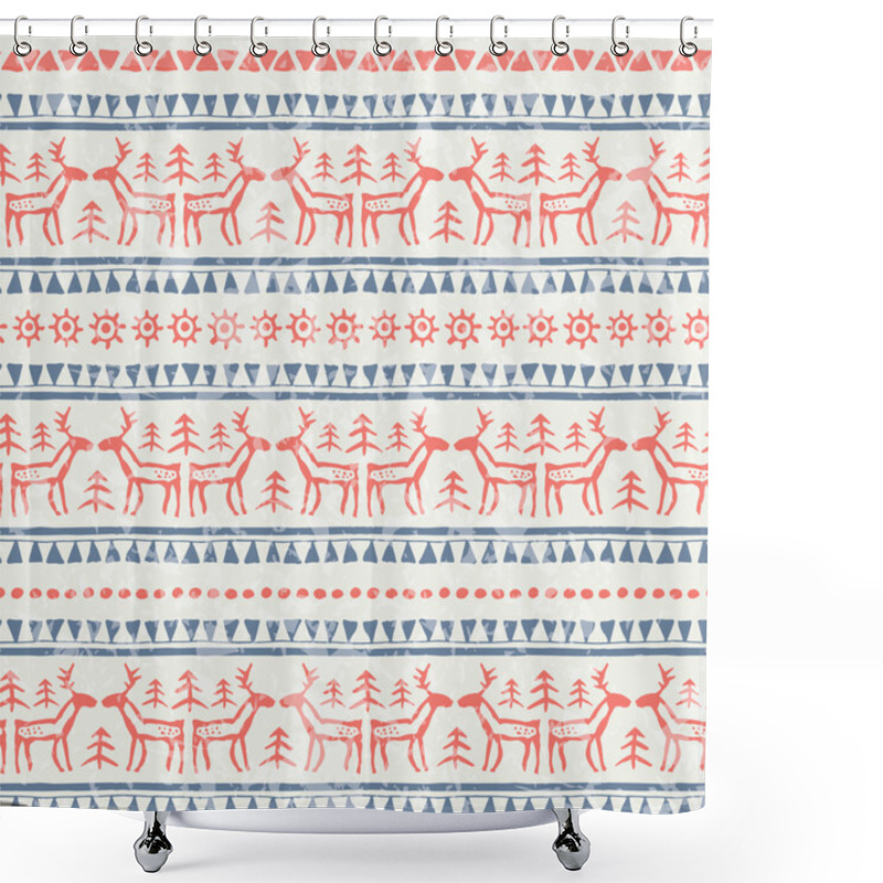 Personality  Hand Drawn Tribal Seamless Pattern With Reindeers And Geometric Ornament Shower Curtains