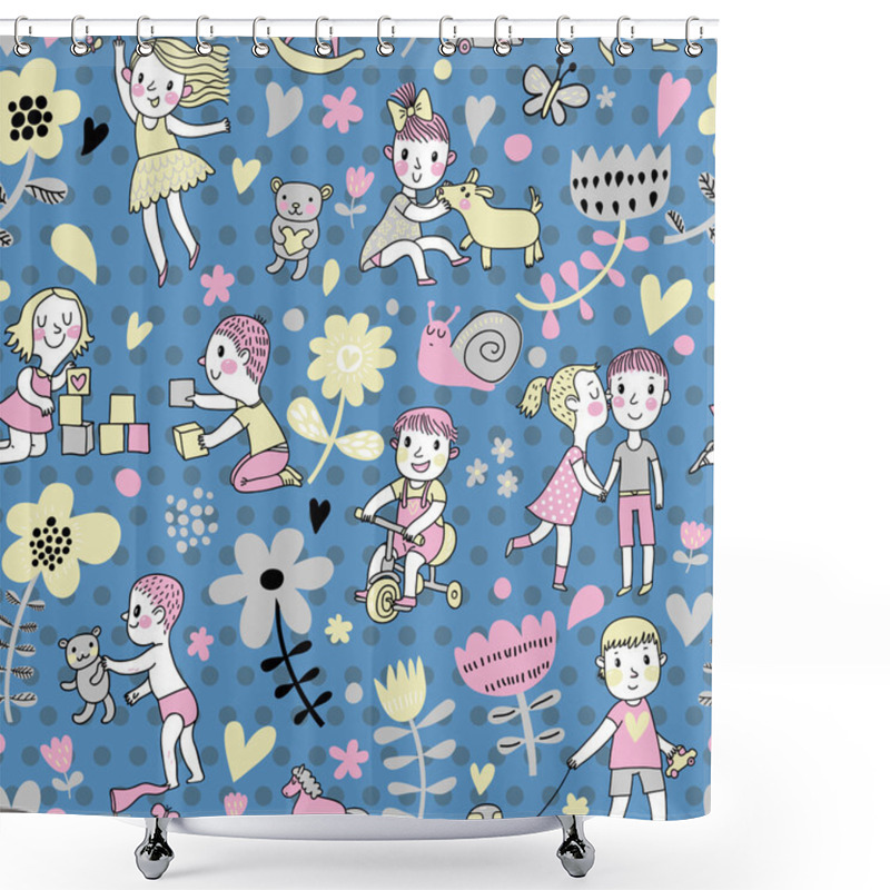 Personality  Pattern With Children Playing With Toys. Shower Curtains