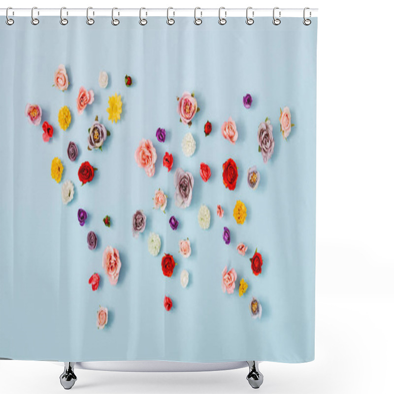 Personality  Creative Layout World Map Made With Various Spring Flowers Background. Flat Lay. Nature Concept. Shower Curtains