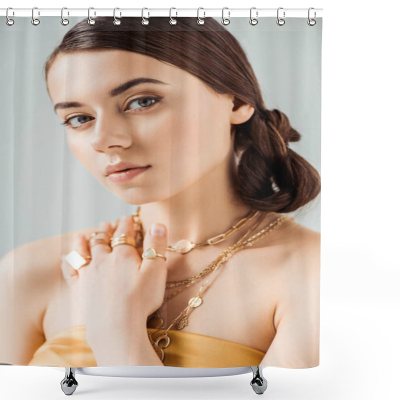 Personality  Young Attractive Woman With Shiny Makeup In Golden Necklaces And Rings Looking At Camera Isolated On Grey Shower Curtains