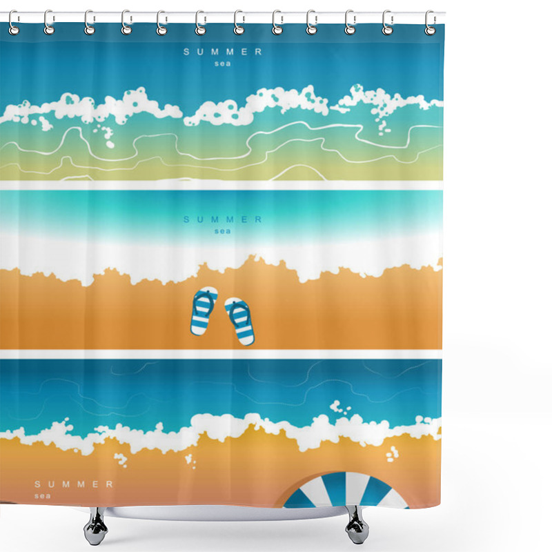 Personality  Vector Cover For Social Networks, Header With A Summer Mood, With The Image Of The Sea, Beach, Waves, Surf, Umbrella, Beach Shoes On The Sand Shower Curtains