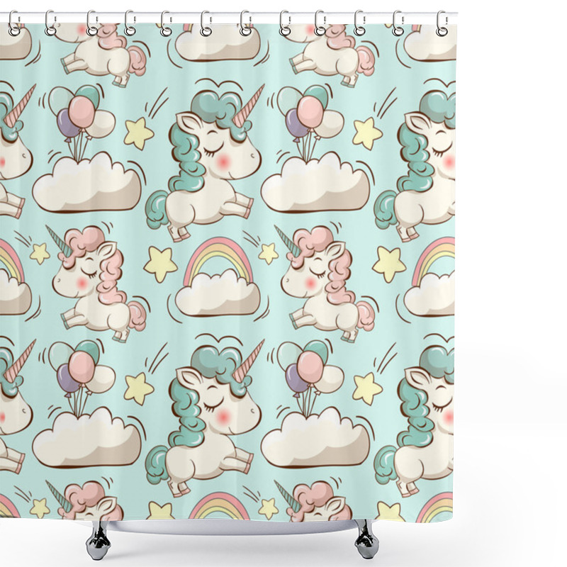 Personality  Pattern With Cute Unicorns And Clouds Shower Curtains