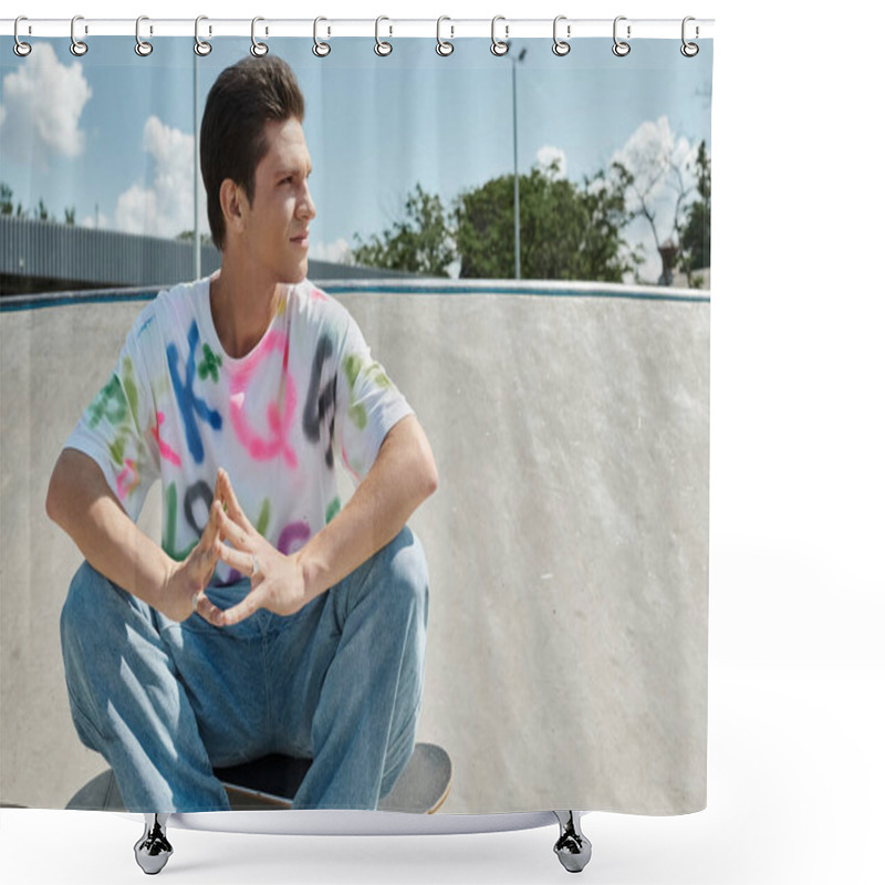 Personality  A Young Skater Sitting On His Skateboard At A Vibrant Skate Park On A Sunny Day, Fully Immersed In The Skate Culture. Shower Curtains