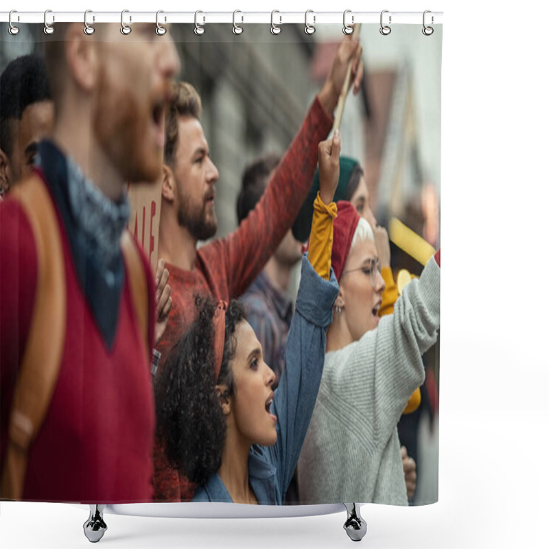 Personality  Side View Of Group Of Multiethnic People Protesting Outdoors With Placards And Signs. People Shouting With Banners Protest As Part Of A Climate Change March. Protestors Holding Worker Rights Banners At Protest. Shower Curtains