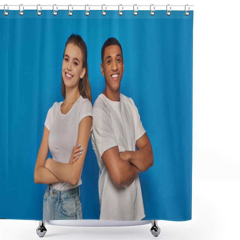 Personality  Cheerful Multicultural Couple Standing With Folded Arms And Looking At Camera On Blue Background Shower Curtains