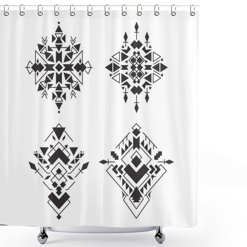 Personality  Abstract Geometric Aztec Patterns Set. Mexican Tribal Ethnic Design. Indian Traditional Ornament. Collection Of Elements For Decoration, Card, Tattoo, Cover, Vector Illustration Isolated On White. Shower Curtains