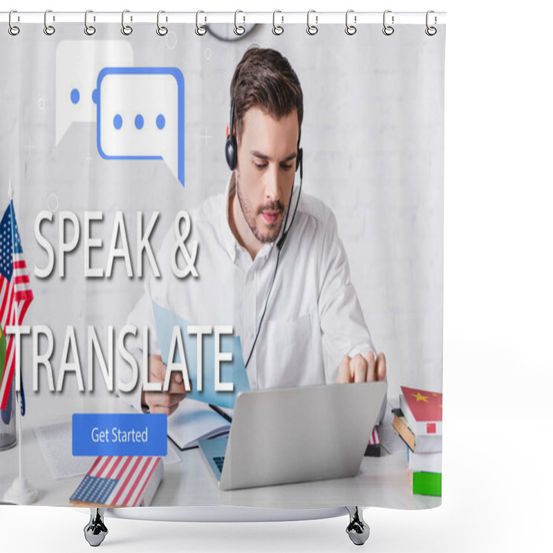 Personality  Interpreter In Headset Working With Document Near Usa Flag, Speech Bubbles Near Speak And Translate Lettering And Get Started Icon Illustration Shower Curtains