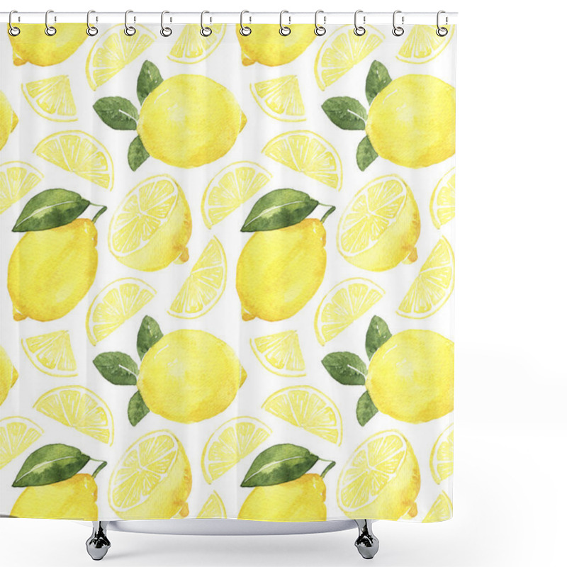 Personality  Watercolor Seamless Pattern With Ripe Yellow Lemons And Leaves On The White Background. Isolated Hand Draw Illustration. Shower Curtains