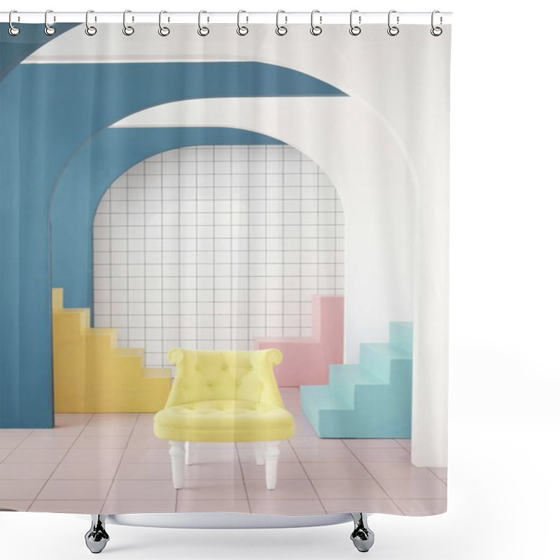 Personality  A Stylish Yellow Chair In A Vibrant, Modern Pastel Setting With Geometric Archways. Shower Curtains