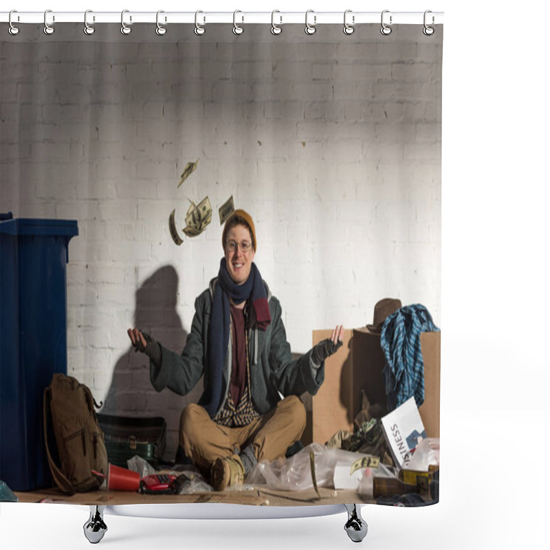 Personality  Smiling Homeless Man Tossing Money While On Garbage Dump Shower Curtains