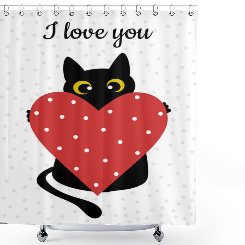 Personality  Black Cat And Red Heart With Polka Dots On A Gray Background. Greeting Card For Valentine's Day, Declaration Of Love. Pattern For Fashionable Prints On Cups, Textiles, Clothes, Notebooks. Shower Curtains