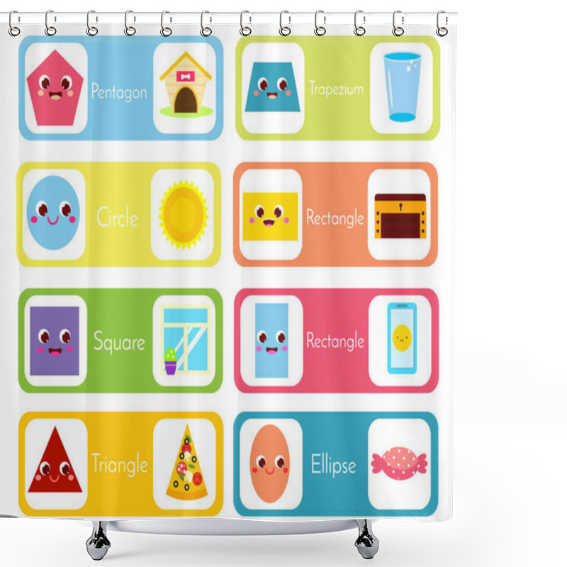 Personality  Set Of Flashcards Wtih Forms And Objects. Geometric Shapes For Kids. Educational Material For Children, Kids, Toddlers. Shower Curtains