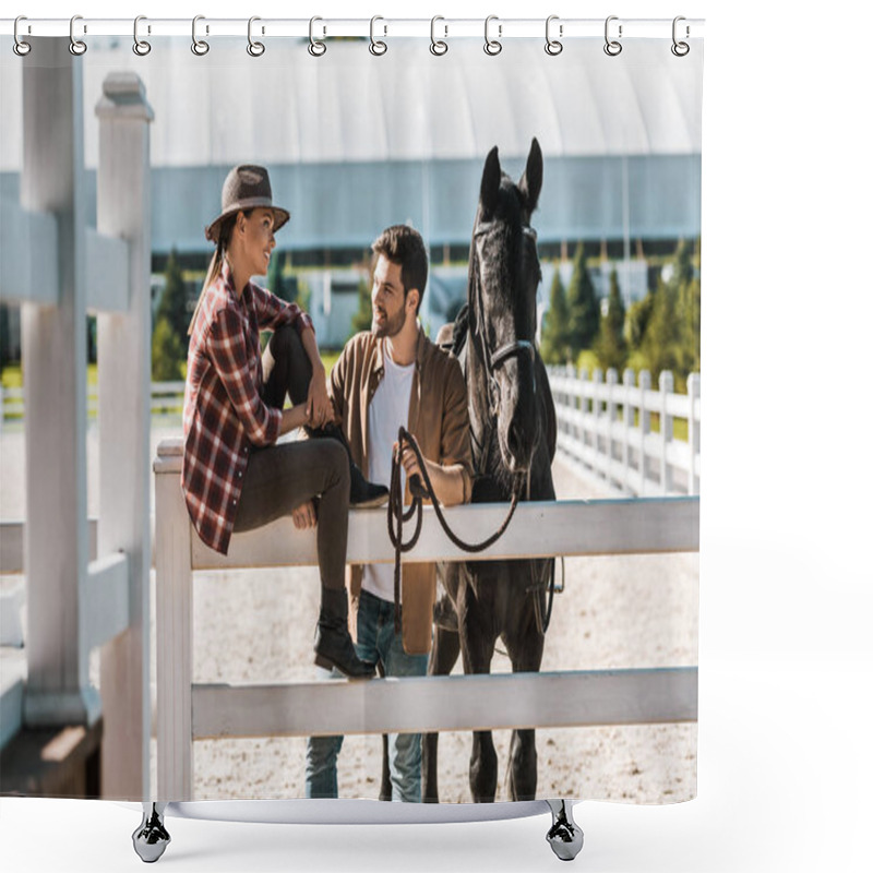 Personality  Cowboy And Cowgirl Talking Near Fence And Horse At Ranch Shower Curtains