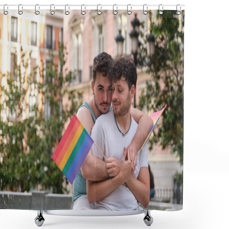 Personality  Gay Couple Hugging And Smiling Holding LGBT Flags Sitting Near By A Font. Shower Curtains