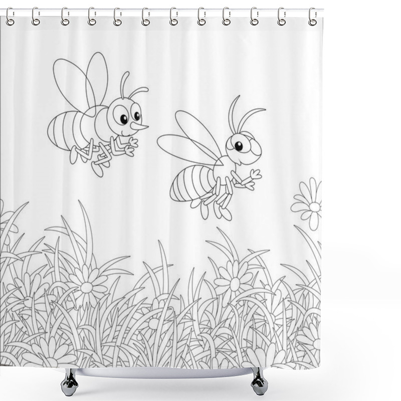 Personality  Striped Bee And Wasp Buzzing And Flying Over A Field With Flowering Chamomiles On A Warm Summer Day, Black And White Vector Cartoon Illustration For A Coloring Book Page Shower Curtains