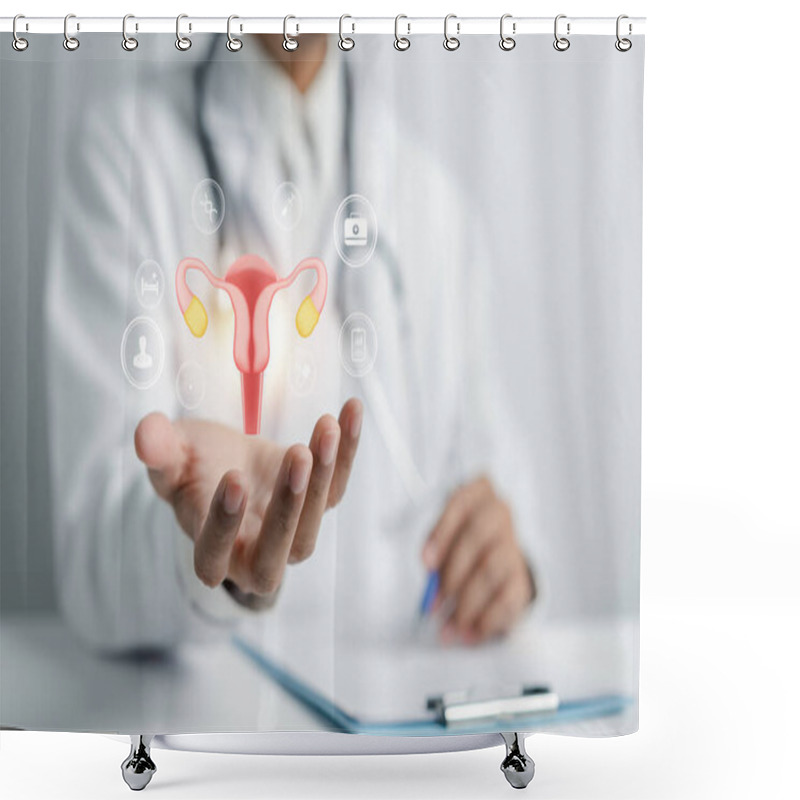 Personality  Doctor In A White Coat Uterus Reproductive System Treatment Of Patient, Women's Health, PCOS, Ovarian Cancer Treatment And Examine, Healthy Feminine Concept. Shower Curtains