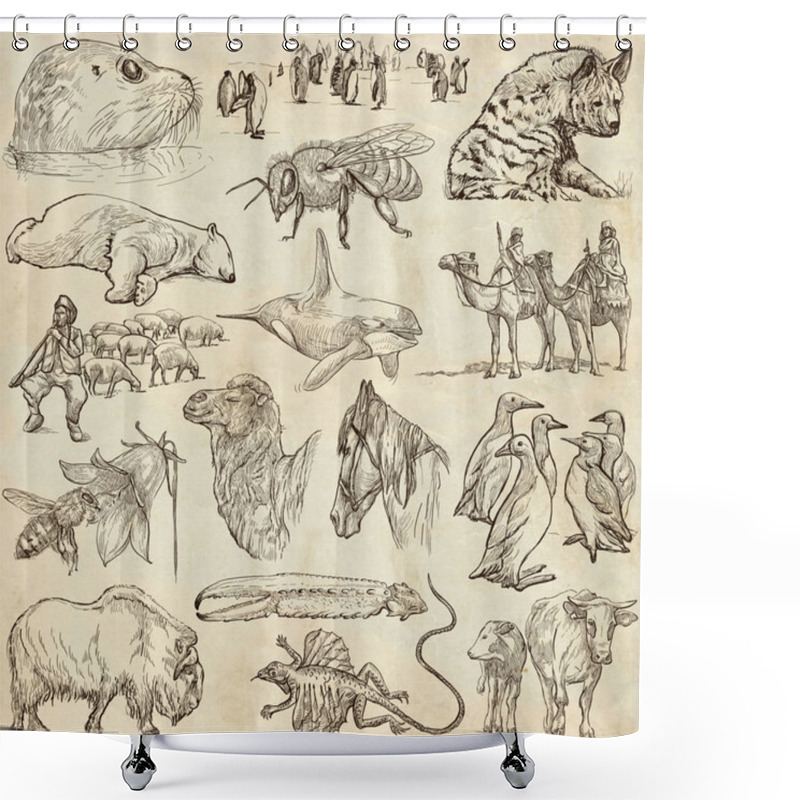 Personality  Animals - Freehand Sketches On Old Paper Shower Curtains