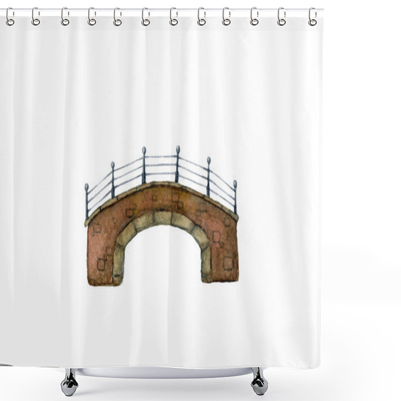 Personality  Old Stone River Bridge With Wrought Iron Railing In A Small Town Painted In Watercolor Isolated On White Background Shower Curtains