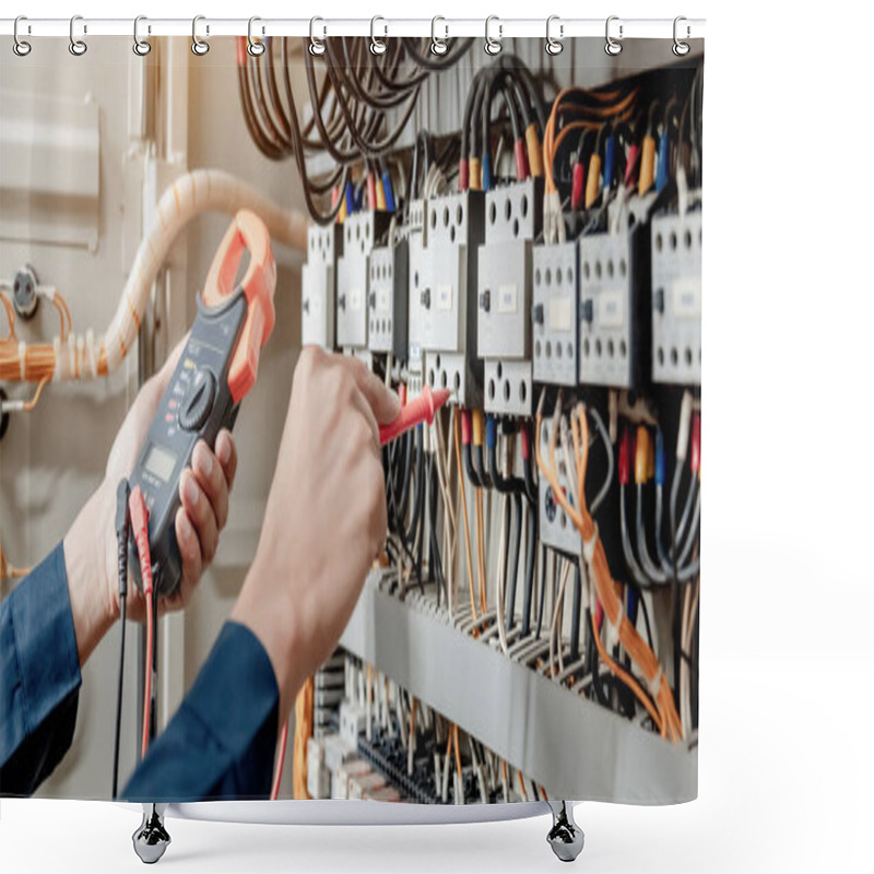 Personality  Electrician Engineer Uses A Multimeter To Test The Electrical Installation And Power Line Current In An Electrical System Control Cabinet. Shower Curtains