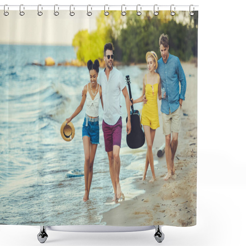 Personality  Multiethnic Group Of Friends With Acoustic Guitar Walking Together By Sea Shower Curtains