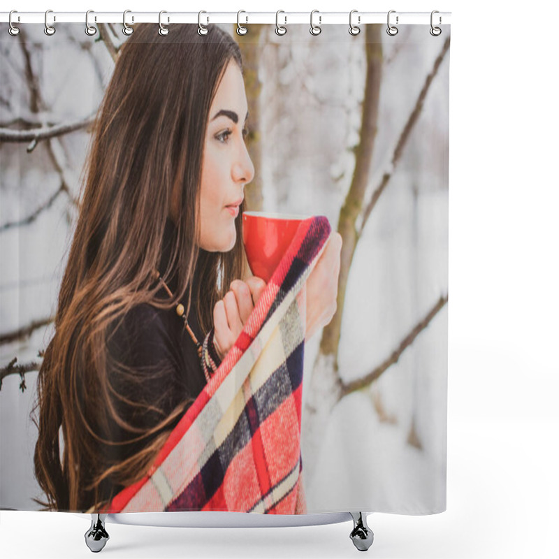 Personality  Latina Sad Woman With Philosophical Mood Thinking About Something Outdoor, Winter Morning Shower Curtains