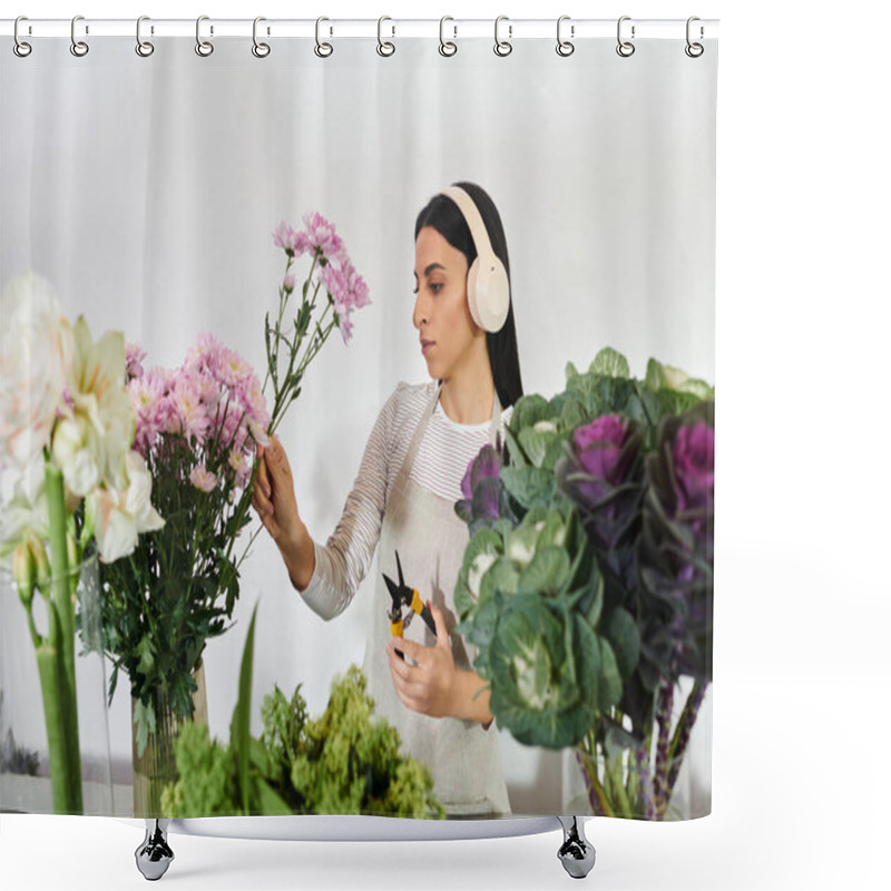 Personality  A Talented Florist Tends To Stunning Blooms While Enjoying Her Work Environment. Shower Curtains