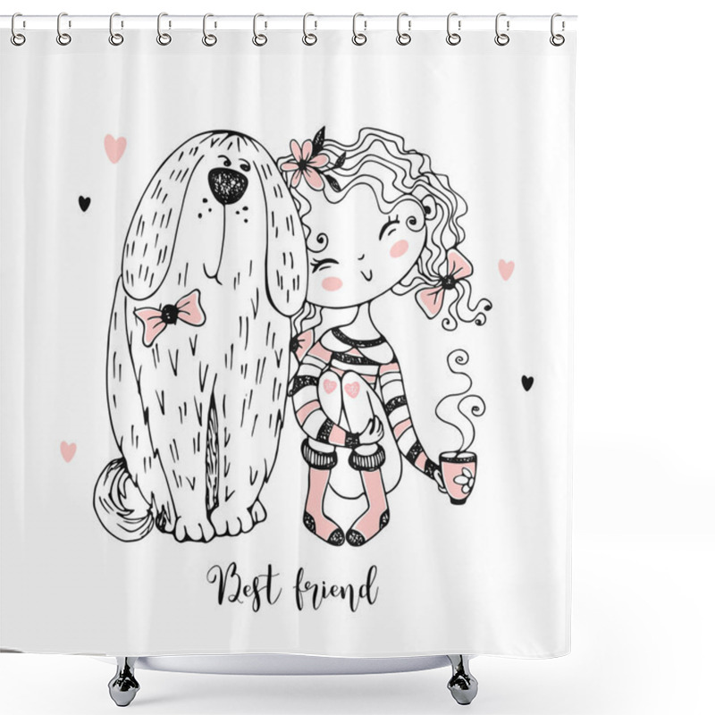 Personality  Cute Girl Sitting With Her Pet Big Dog. Best Friends. Vector Shower Curtains