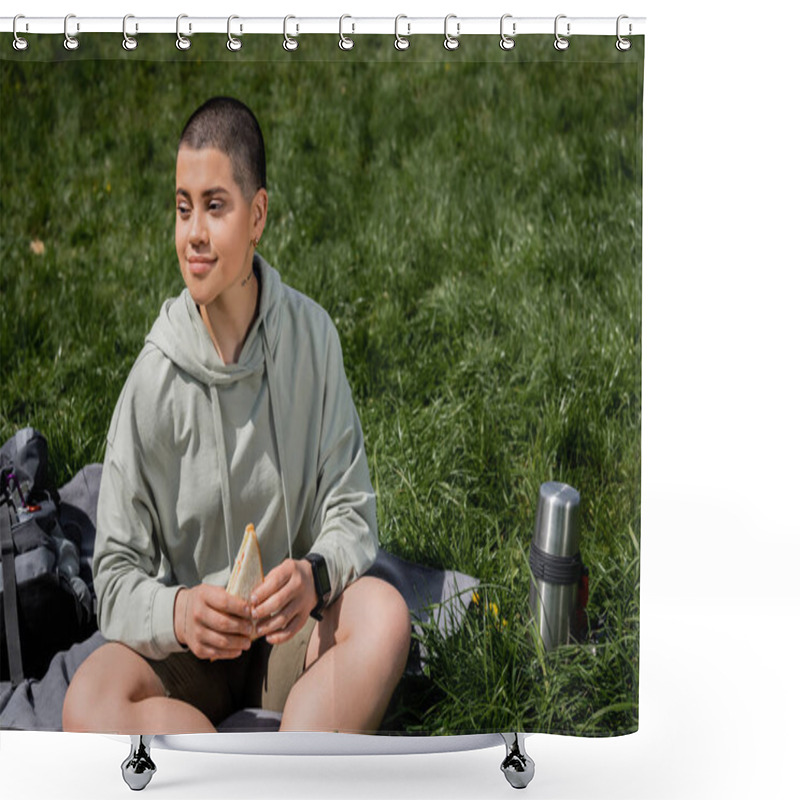 Personality  Young Short Haired And Tattooed Woman Tourist Holding Sandwich And Looking Away While Sitting Near Thermos And Backpack On Blanket And Grassy Lawn, Connecting With Nature Concept, Summer Shower Curtains