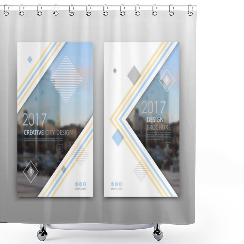 Personality  Abstract Composition. White A4 Brochure Cover Design. Info Banner Frame. Text Font. Title Sheet Model Set. Modern Vector Front Page Art. City View Texture. Triangle Figure Icon. Elegant Ad Flyer Fiber Shower Curtains