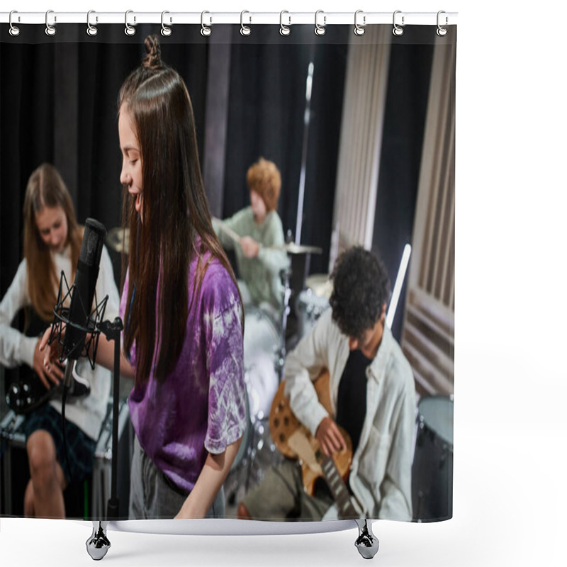 Personality  Cheerful Adorable Teens In Vibrant Casual Attires Singing And Playing Instruments In Studio Shower Curtains