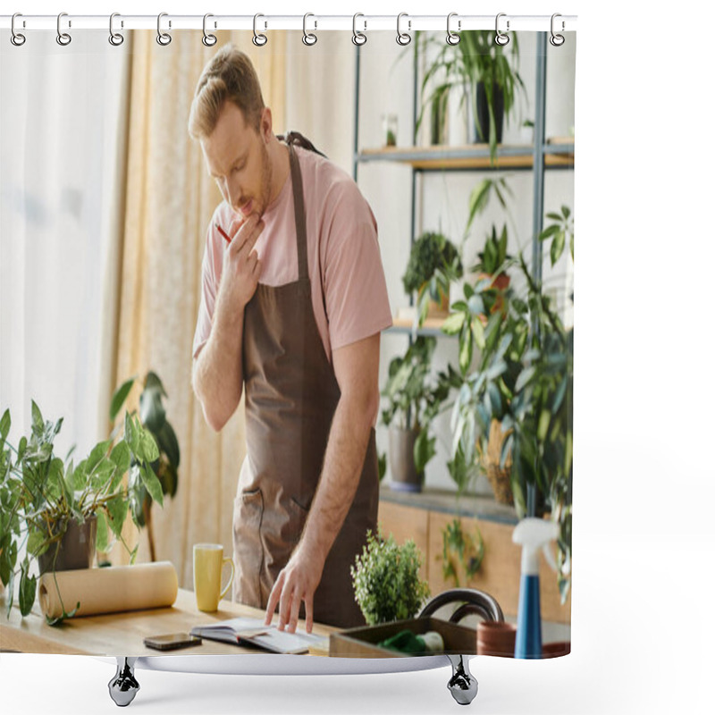 Personality  A Stylish Man Tends To His Lush Plant Collection At His Own Florist Shop, Embodying The Spirit Of Entrepreneurship And Nature. Shower Curtains