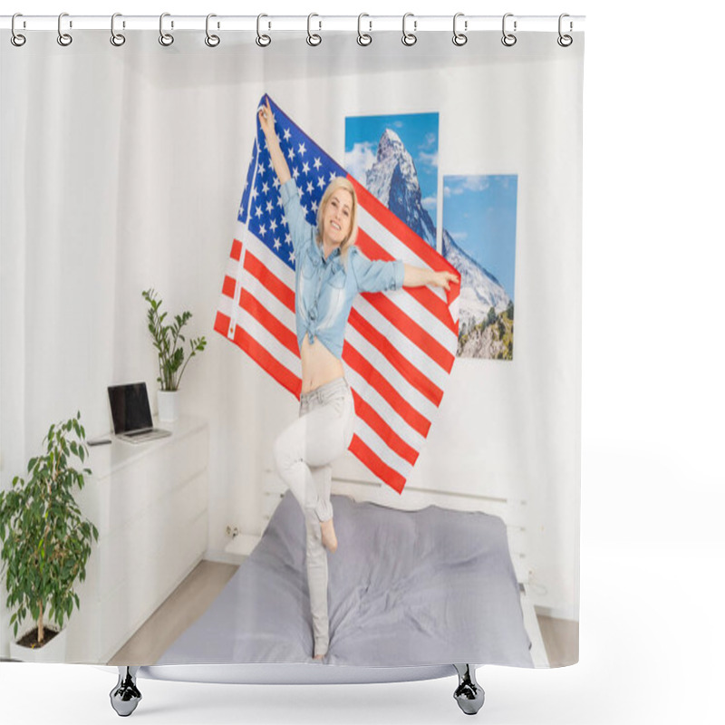 Personality  Portrait Of A Smiling Woman Covering With USA Flag On A White Background Shower Curtains