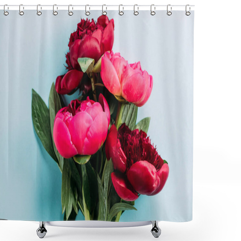 Personality  Top View Of Pink Peonies On Blue Background Shower Curtains