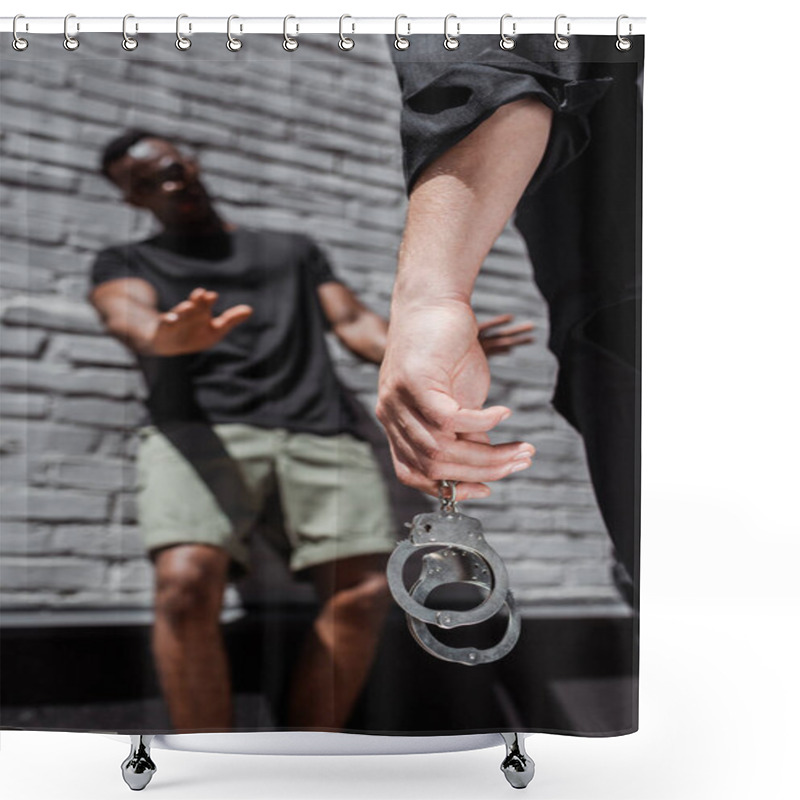 Personality  Selective Focus Of Police Officer Holding Handcuffs While Detaining African American Man Gesturing Near Brick Wall, Racism Concept  Shower Curtains