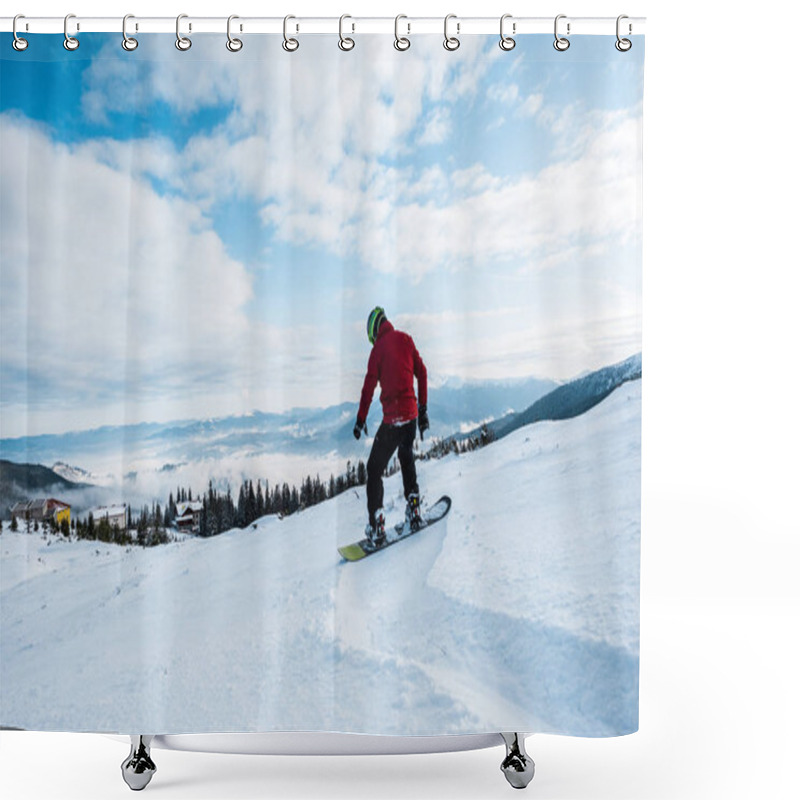 Personality  Snowboarder In Goggles And Helmet Riding On Slope In Mountains  Shower Curtains