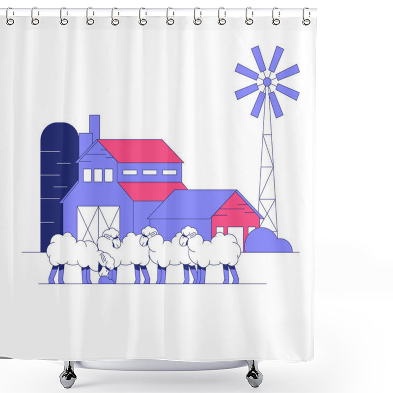 Personality  A Flock Of Sheep Grazing In Front Of A Barn With A Silo And Windmill, Symbolizing Rural Farming, Livestock Management, And Sustainable Agriculture Practices. Shower Curtains