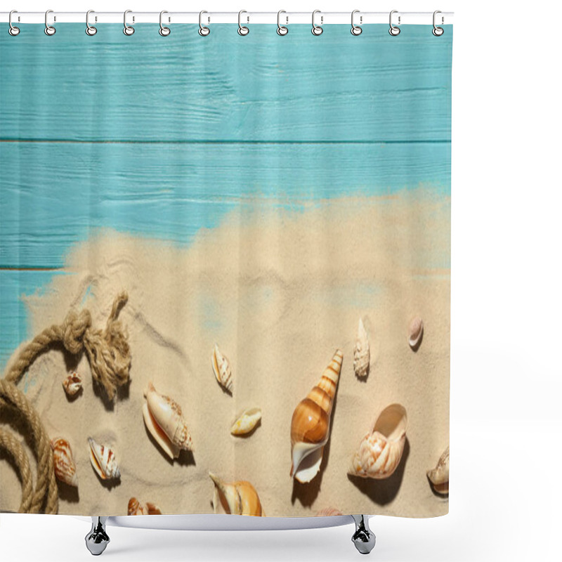 Personality  Flat Lay Composition With Seashells, Beach Sand And Space For Text On Wooden Background Shower Curtains