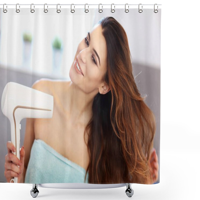 Personality  Young Woman Using Hair Dryer In Bathroom In The Morning Shower Curtains