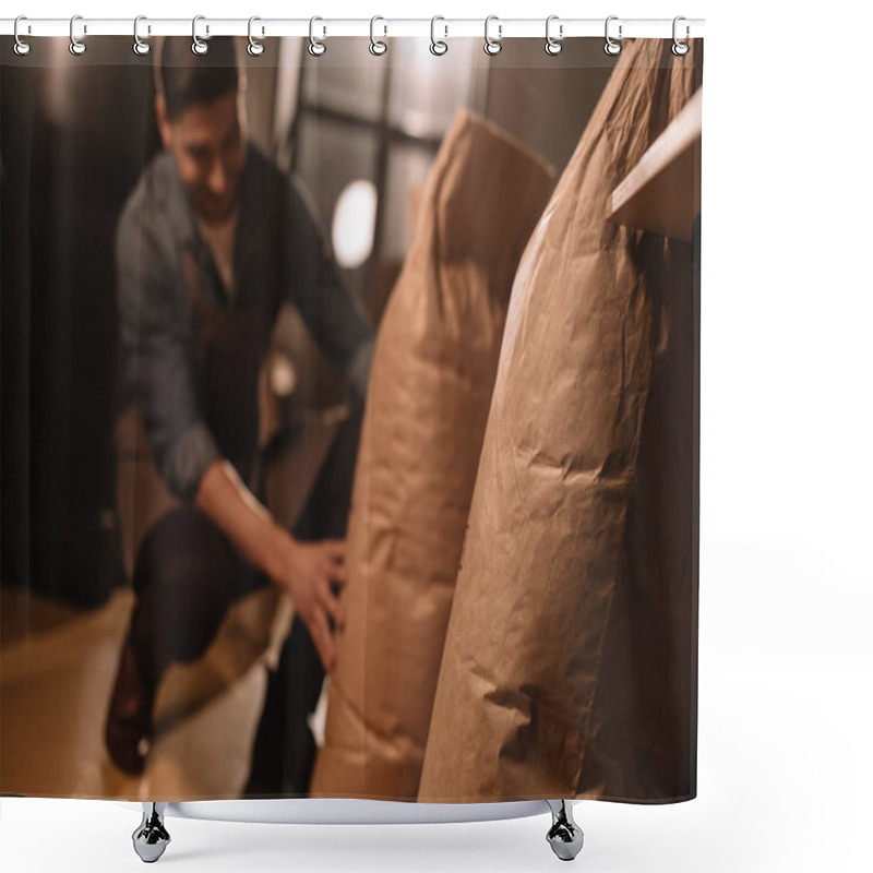 Personality  Partial View Of Worker In Apron With Paper Bags Of Coffee Beans Shower Curtains