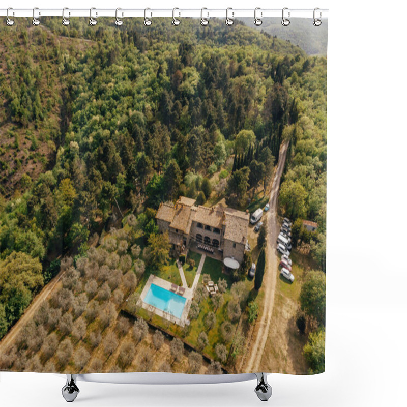 Personality  Aerial View Of Villa With Swimming Pool Near Forest In Italy  Shower Curtains