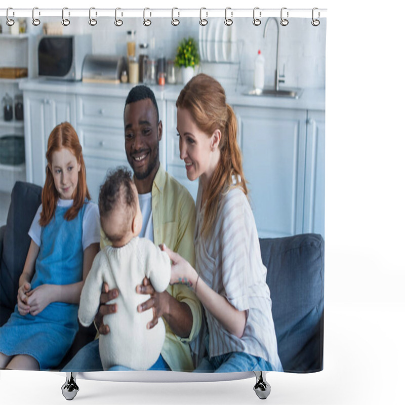 Personality  Happy African American Man Holding Infant Child Near Smiling Multiethnic Family Shower Curtains