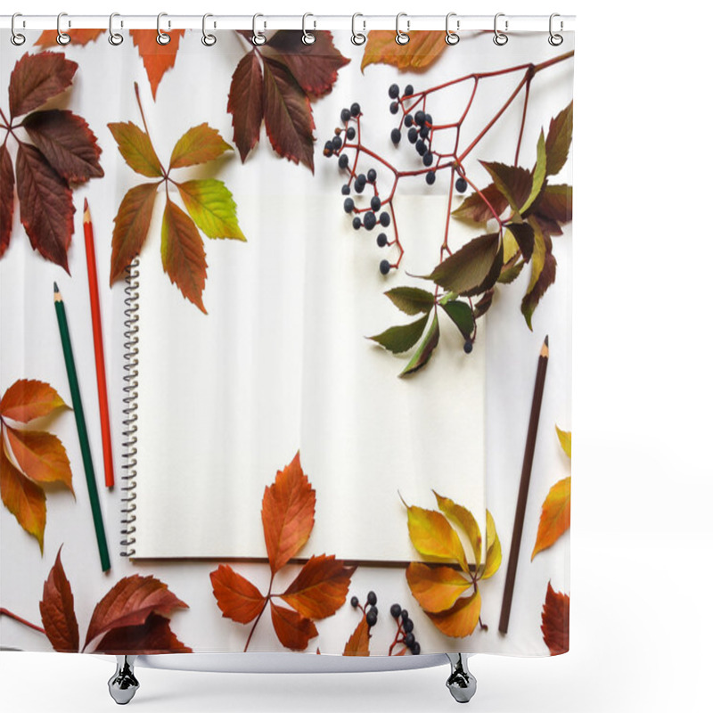 Personality  Autumn Composition With Sketchbook And Pencils, Decorated With Red Leaves And Berries. Flat Lay, Top View Shower Curtains