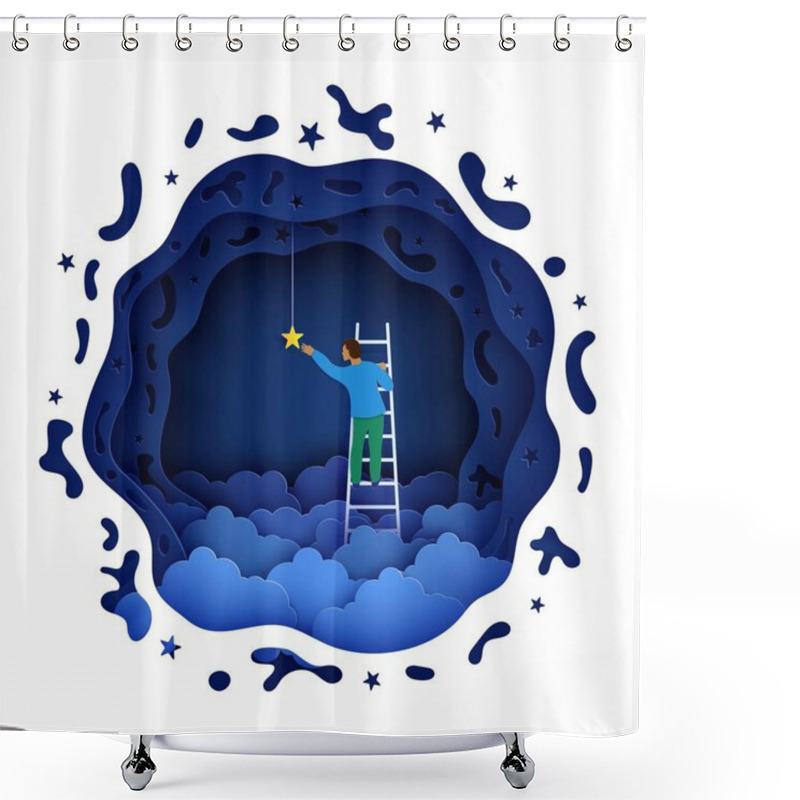 Personality  Man On A Ladder To Pick The Star Above Cloud In Paper Cut Style. Papercut Businessman Climbing On Ladder To Sky And Trying To Catch Dream Star. Follow Your Dreams Vector Motivational Poster Concept Shower Curtains