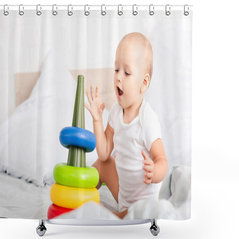 Personality  Cute Little Child In White Clothes Sitting On Bed And Playing With Toy Pyramid  Shower Curtains