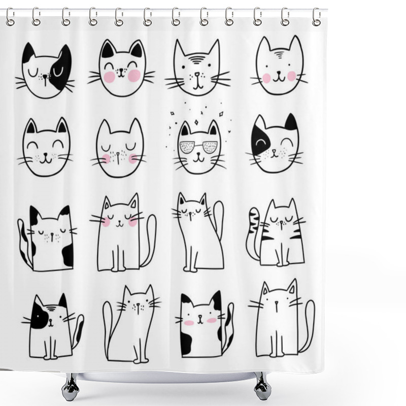 Personality  Cute Cat Doodle Style Illustrations. Set Of Funny Hand Drawn Cats. Shower Curtains