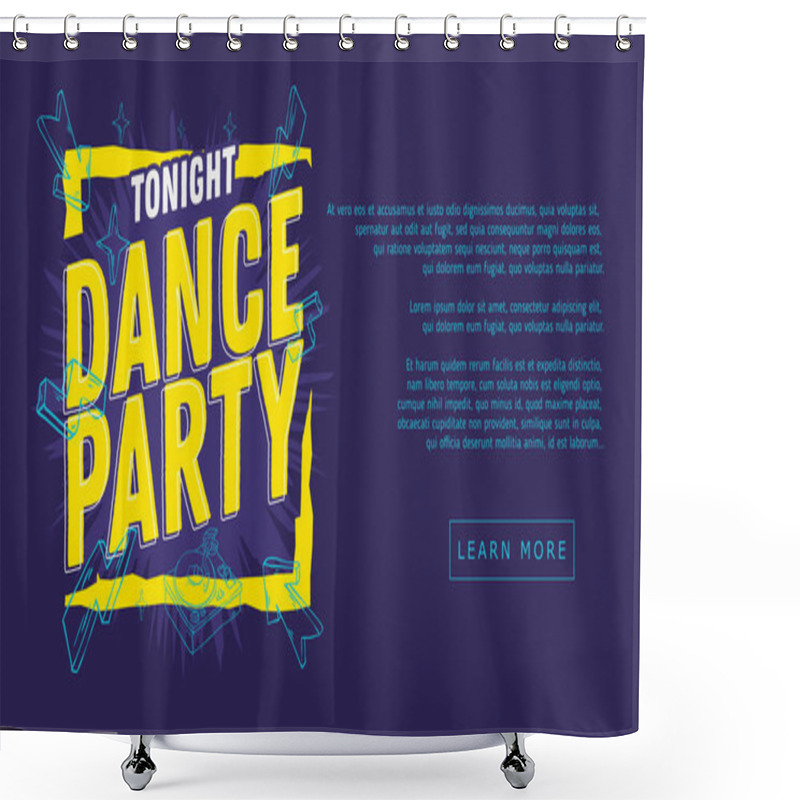 Personality  Dance Party 90s Influenced Typographic Web Banner Design With Hand Drawn Line Art Cartoon Style Elements And Vivid Bright Colors. Shower Curtains